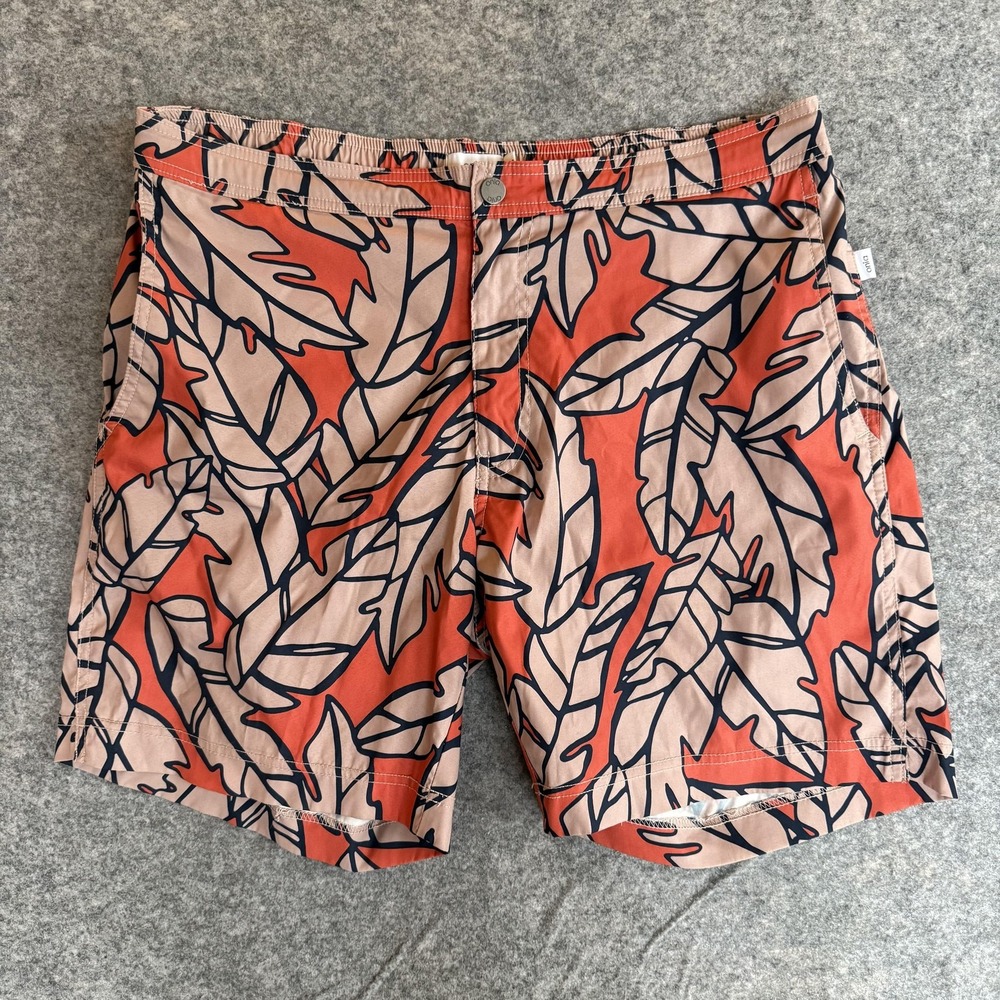 Onia Swim Trunks Shorts Mens XL Orange Tan‎ Leaf Print The Calder Mesh Lined